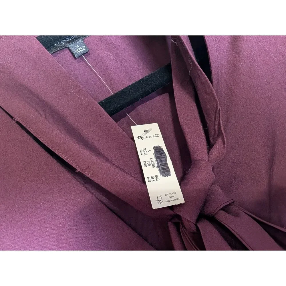 Madewell Dark Pomegranate Cotton Poplin Puff Sleeve Button-Front Tie Top Small